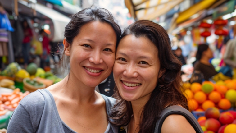 Sibling Support in Mental Health How to Navigate Depression Together Two adult sisters smiling for the camera at a bustling outdoor market | Sibling Support in Mental Health How to Navigate Depression Together