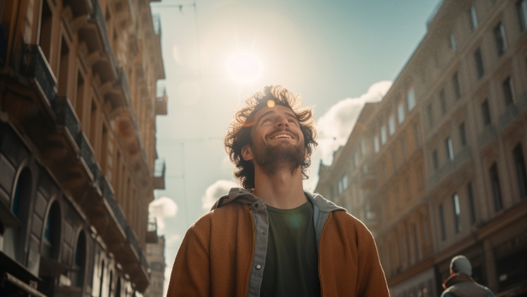 Is-Esketamine-Nasal-Spray-the-Quick-Fix-Weve-Been-Waiting-For A happy young caucasian man looking up at the sky alone in a busy city, sun shining | Is Esketamine Nasal Spray the Quick Fix We've Been Waiting For? | Mindful Health Solutions