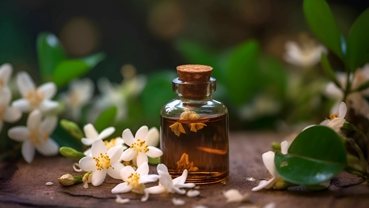 Essential oil in a small glass jar with a cork top surrounded by small flowers and herbs on a table top | Nature's Calm Uncommon Natural Remedies for Anxiety | Mindful Health Solutions