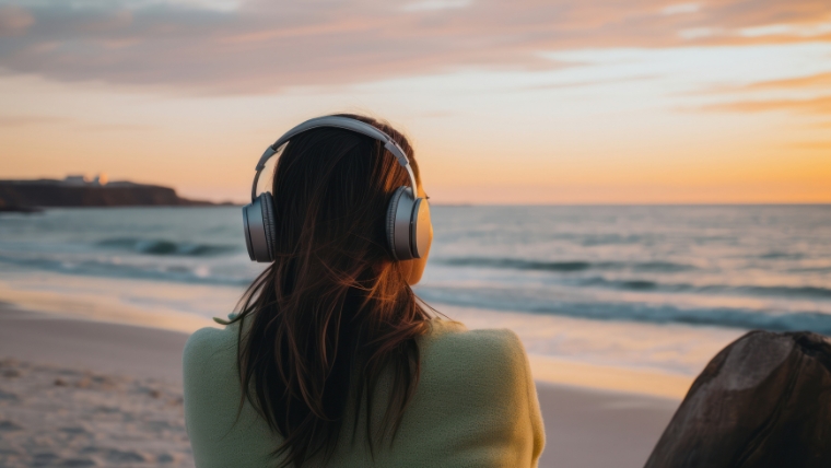 Take-the-Edge-Off-10-Self-Care-Ideas-for-Coping-with-Depression Woman wearing headphones looking peacefully at the ocean on the beach | Take the Edge Off 10 Self-Care Ideas for Coping with Depression | Mindful Health Solutions