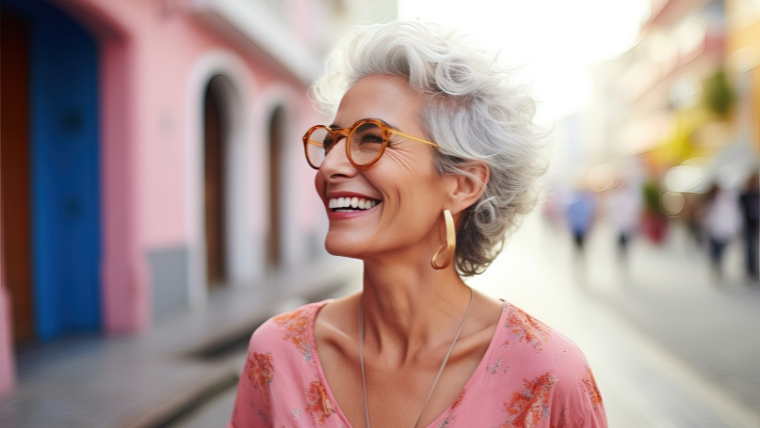 A-Medication-Free-Way-to-Relieve-Chronic-Pain-The-Science-Behind-TMS Smiling caucasian woman in glasses while walking around the city | A Medication-Free Way to Relieve Chronic Pain? The Science Behind TMS | Mindful Heatlh Solutions