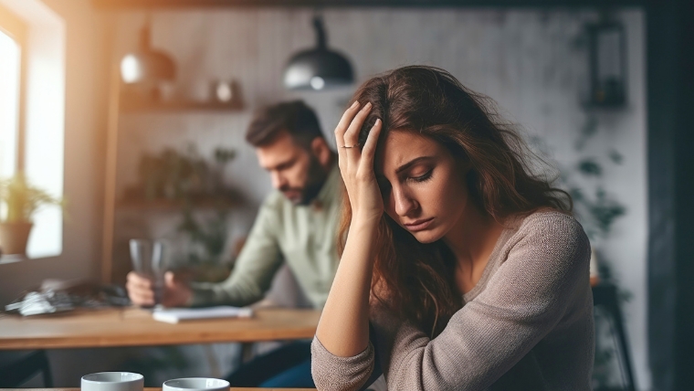 How-To-Break-Free-from-and-Avoid-Toxic-Relationships-for-Better-Mental-Health A sad and frustrated woman sitting at a table with her head in her hand while her male partner sits in the background also looking frustrated | How To Break Free from and Avoid Toxic Relationships for Better Mental Health | Mindful Health Solutions
