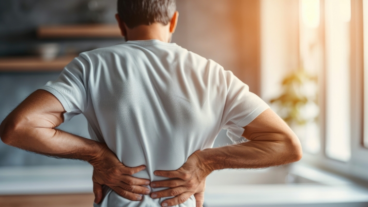 How Your Chronic Pain and Mental Health Go Hand-in-Hand A mature man standing in his kitchen with his hands holding his back | How Your Chronic Pain and Mental Health Go Hand-in-Hand | Mindful Health Solutions