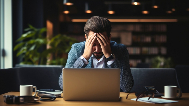 Mental Health Leave 8 Practical Tips for Discussing with Your Boss Mentally distressed businessman with his head in his hands at his desk | Mental Health Leave 10 Practical Tips for Discussing with Your Boss