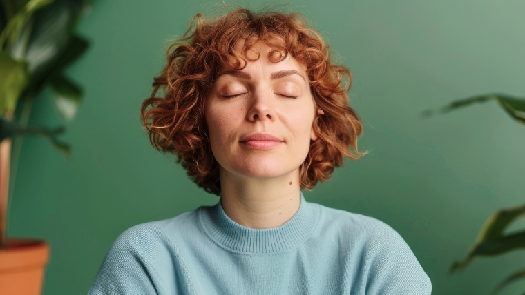 Feeling Anxious Try These 11 Calming Techniques Now Woman practicing deep breathing, looking calm | Feeling Anxious? Try These 11 Calming Techniques Now | Mindful Health Solutions