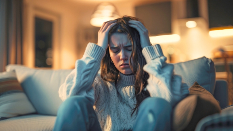 10 Common Anxiety Triggers How to Identify and Manage Them A woman on her couch with her head in her hands grappling with anxiety | 10 Common Anxiety Triggers How to Identify and Manage Them | Mindful Health Solutions