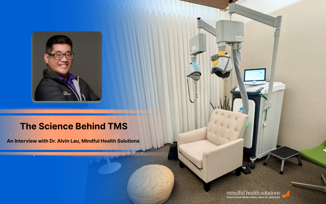 How Does TMS Work? Learn the Science Behind TMS. TMS chair with headshot of Dr. Alvin Lau announcing a blog on the science behind TMS